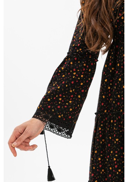 Uzun Kol Seçil Pazen Sonbahar ve Kışlık Uzun Elbise Çıtır Desen Siyah Syh modelleri