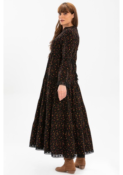 Uzun Kol Seçil Pazen Sonbahar ve Kışlık Uzun Elbise Çıtır Desen Siyah Syh fırsatları