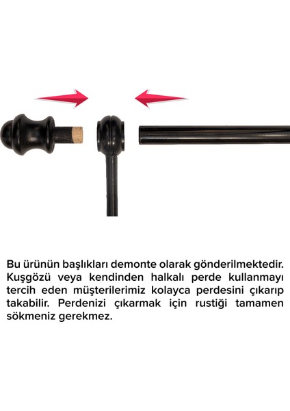 Demonte Lale Başlıklı Siyah Ahşap Rustik Perde Askısı - Raysız modelleri