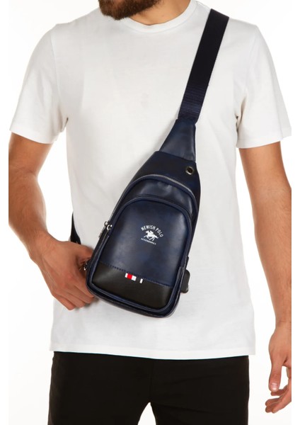 Unisex Lacivert Deri USB Kulaklık Çıkışlı Bodybag Çapraz Göğüs ve Omuz Çantası tul231