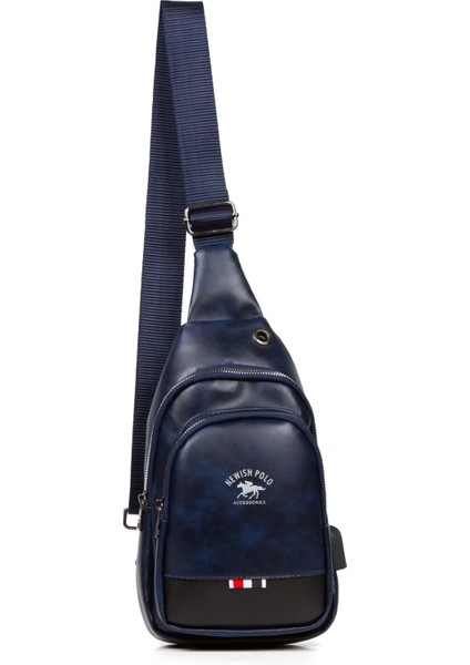 Unisex Lacivert Deri USB Kulaklık Çıkışlı Bodybag Çapraz Göğüs ve Omuz Çantası tul231