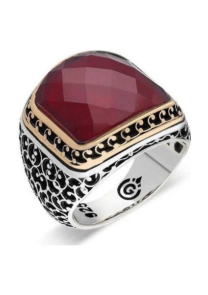 925 Ayar Gümüş Kırmızı Zirkon Taşlı Erkek Yüzük