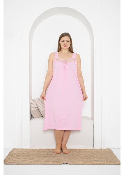 Kalın Askılı Dantel Detaylı Pamuklu Penye Büyük Beden Anne Geceliği 263