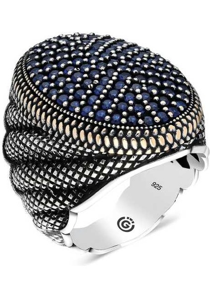 Gümüş Lacivert Zirkon Taşlı Oval Erkek Yüzük 22