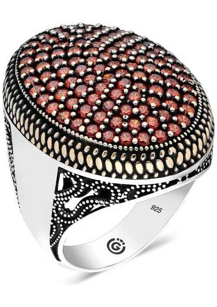 Gümüş Kırmızı Zirkon Taşlı Oval Erkek Yüzük 20