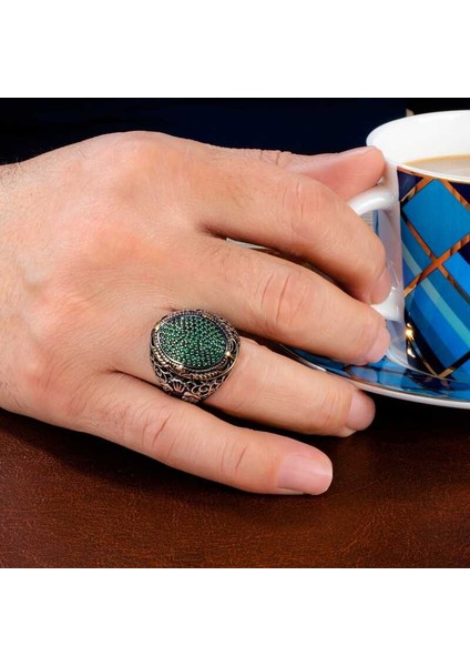 Gümüş Yeşil Zirkon Taşlı Oval Erkek Yüzük 23