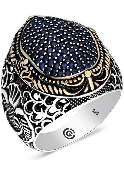 Gümüş Lacivert Zirkon Taşlı Oval Erkek Yüzük 28