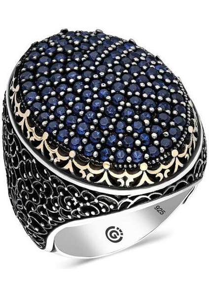 Gümüş Lacivert Zirkon Taşlı Oval Erkek Yüzük 25