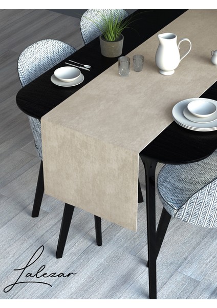 Kadife Efektli Ekru Renk Aura Serisi Runner 40 x 140