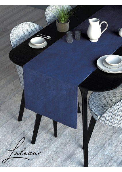 Kadife Efektli Marin Mavi Rengi Aura Serisi Runner 40 x 140