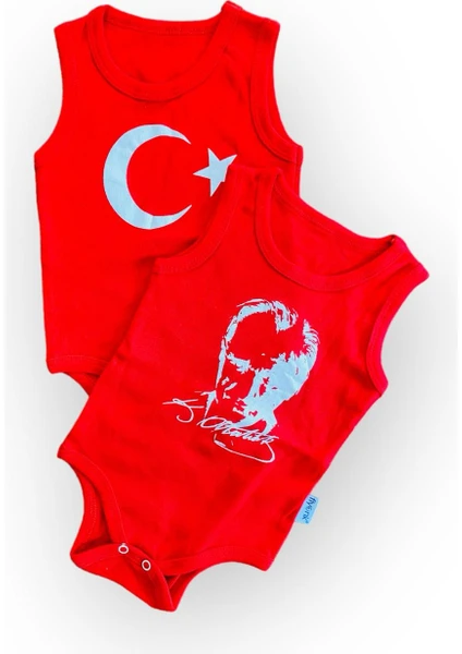 Atatürk ve Türk Bayrağı Tasarımlı Baskılı 2 Adet Kırmızı Çıtçıtlı Kolsuz Bebek Body Zıbın