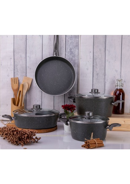 Tekno Trust 7 Granit 7 Parça Chef Tava Tencere Seti Granit 3,9 L Yapışmaz Taban Gri Granit Granit