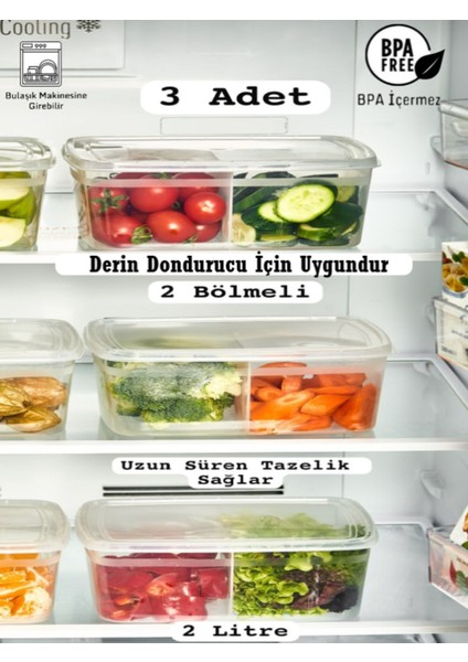 Tekno Trust Turuncu 3 Adet Duo Şeffaf 2 Lt Buzdolabı Saklama Kabı 2 Bölmeli - Derin Dondurucuya Uygun 20 x 15 P