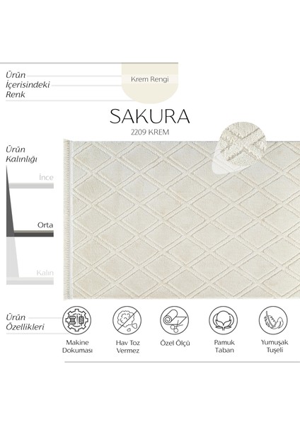 Sakura 2209 Krem Hav Toz Vermez Etnik Desenli Modern Dokuma Bukleli Salon Halısı