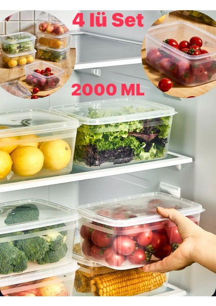Beyaz Huge 4 Adet Buzdolabı Saklama Kabı Kapaklı Erzak ve Buzluk Sebze Kabı Bakliyat Seti 2 Lt 8'li