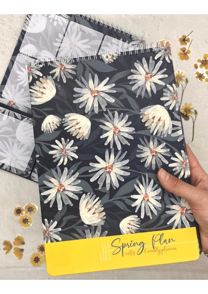 Spiralli Siyah Çiçek Desenli Planlayıcı Defter Planner
