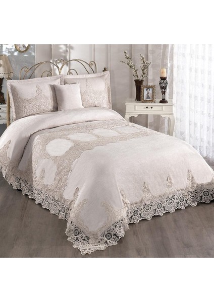 Elegante Mila Vizon Çift Kişilik Dantelli Çeyizlik Yatak Örtüsü