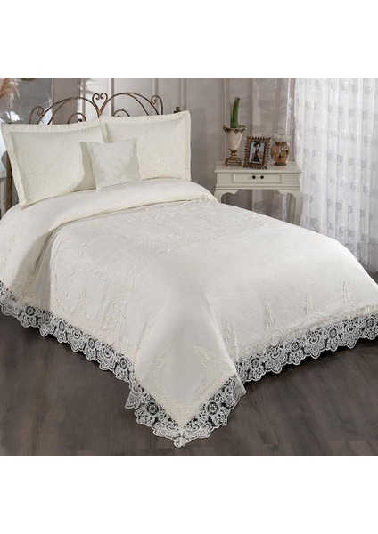 Elegante Mila Krem Çift Kişilik Dantelli Çeyizlik Yatak Örtüsü
