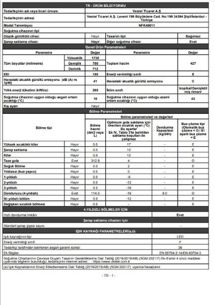 NFK48011 E Sınıfı 427 Lt No-Frost Buzdolabı