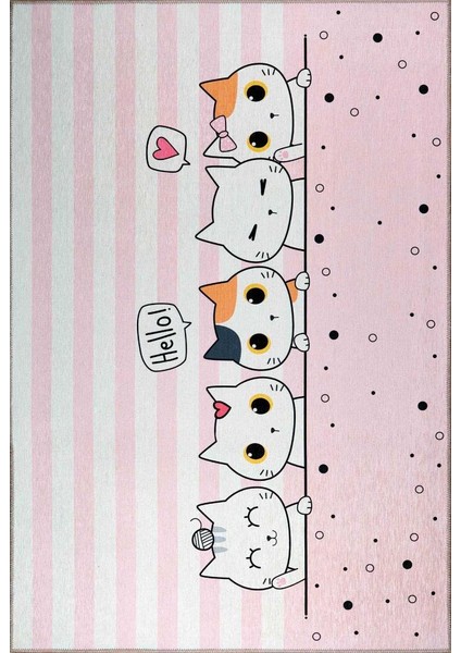 Kids Dijital Baskılı Makinede Yıkanabilir Kedi Desenli Pembe Çocuk Odası Halısı