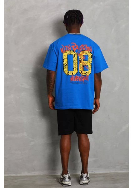 Unisex Oversize Baskılı Bisiklet Yaka T-Shirt - Mavi fiyatları