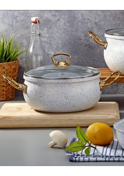 Tekno Trust 5 L 9 Parça Gold Demir Kulp Beyaz Granit Tencere Seti ( Sarma Altlığı Hediye) 9 Parça Granit fiyatları