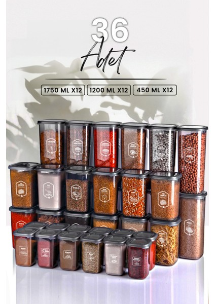 Tekno Trust Plastik Full+Full Set 36'lı Etiketli Kare Erzak Saklama Kabı Seti X12(1750ML-1200ML-450ML ) Mikroda