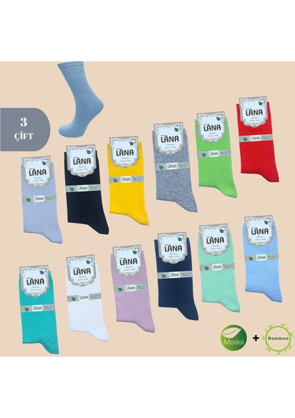 Kral Socks Kadın Çorabı (Bambu+Modal) Ter Emici Dikişsiz Model Soket Uzun Çorap (3 Çift) Karma Renk