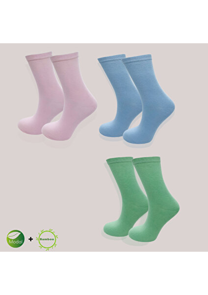 Kral Socks Kadın Çorabı (Bambu+Modal) Ter Emici Dikişsiz Model Soket Uzun Çorap (3 Çift) Karma Renk