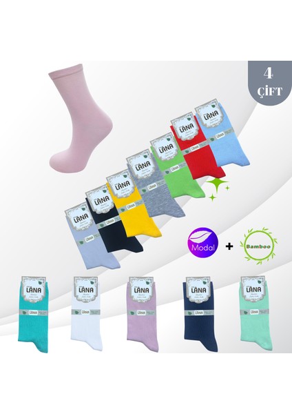 Kral Socks Kadın Çorabı (Bambu Modal) Ter Emici Dikişsiz Model Soket Uzun Çorap (4 Çift) Karma Renk