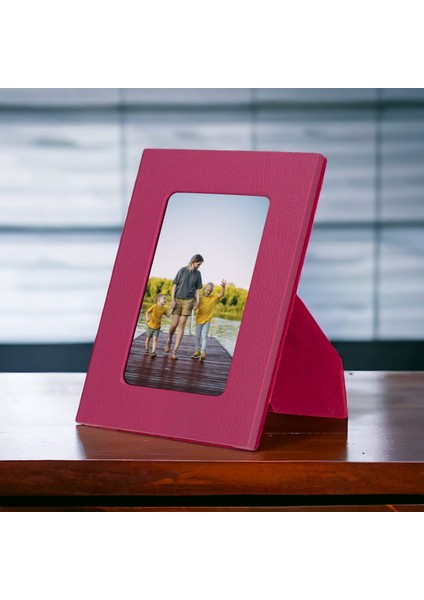 Gerçek Deri Masaüstü Fotoğraf Çerçevesi, 22X17CM (15X10 Foto) Pembe