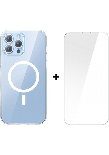 Baseus Crystal iPhone 13 Pro Magsafe Silikon Kılıf + Tempered Ekran Koruyucu Set