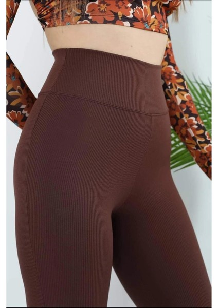 Kadın Kahverengi Ekstra Yüksek Bel Fitilli Toparlayıcı Ve Sıkılaştırıcı Spor Tayt