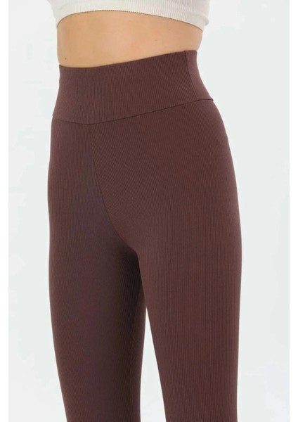 Kadın Kahverengi Ekstra Yüksek Bel Fitilli Toparlayıcı Ve Sıkılaştırıcı Spor Tayt modelleri
