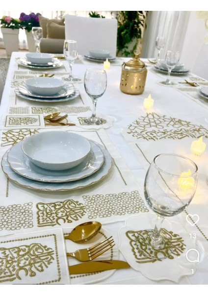 Arapça Yazılı Keten Amerikan Runner Servis Takımı 6 Kişilik(19 Parça)