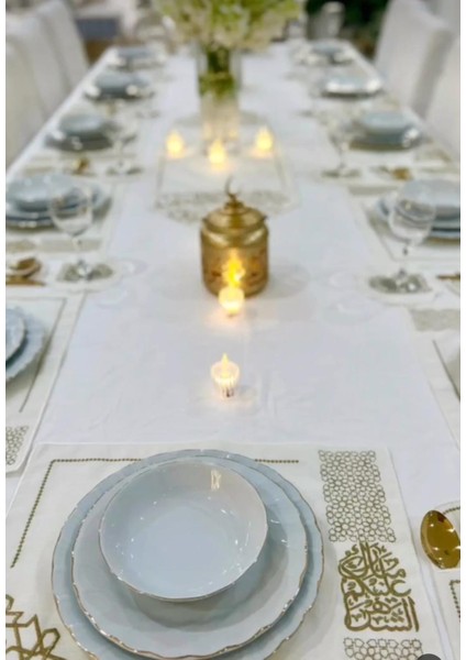 Arapça Yazılı Keten Amerikan Runner Servis Takımı 6 Kişilik(19 Parça) fiyatları