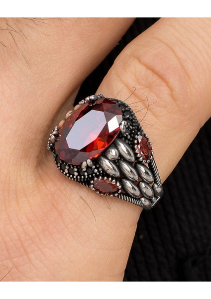 Gümüş Kırmızı Zirkon Taşlı Zirkon Taş Süslemeli 925 Ayar Gümüş Erkek Yüzüğü