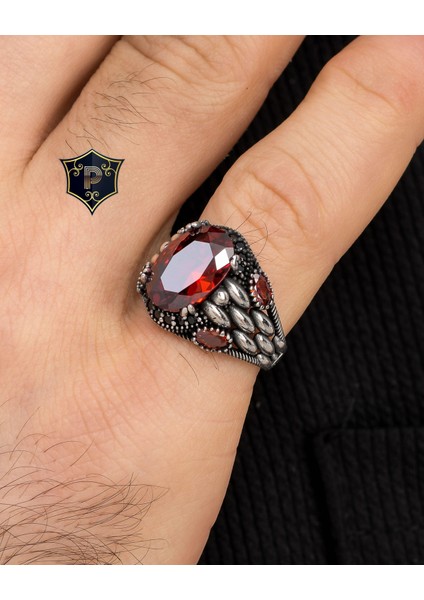 Gümüş Kırmızı Zirkon Taşlı Zirkon Taş Süslemeli 925 Ayar Gümüş Erkek Yüzüğü fiyatları