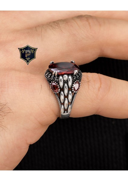 Gümüş Kırmızı Zirkon Taşlı Zirkon Taş Süslemeli 925 Ayar Gümüş Erkek Yüzüğü fırsatları