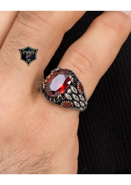 Gümüş Kırmızı Zirkon Taşlı Zirkon Taş Süslemeli 925 Ayar Gümüş Erkek Yüzüğü indirimleri