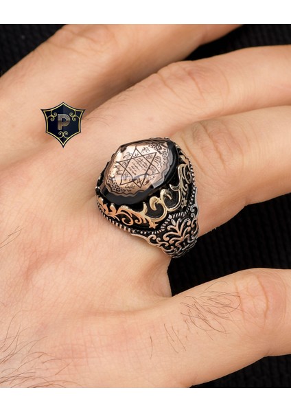 Gümüş Hz. Süleyman Mührü Sıkma Kehribar Taşlı 925 Ayar Gümüş Erkek Yüzüğü modelleri