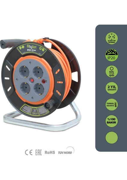 Powermax Pse Serisi IP20 Seyyar Uzatma Kablosu 20 Metre 3g1,5mm² %100 Bakır Kablo (Türk Malı, Yüksek Darbe Dayanımı, Plastik Bobin, Ev/ofis , Dış Mekan, Turuncu Kablo)
