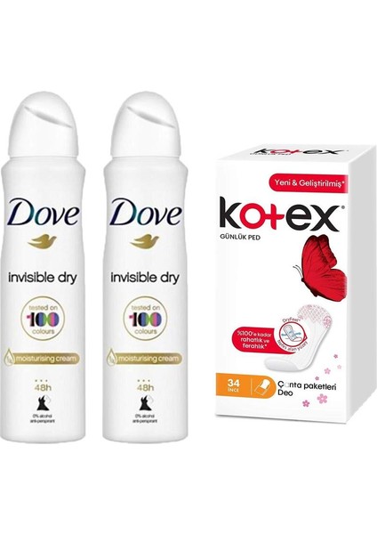 Invisible Dry Kadın Sprey Deodorant 150ML X2 Adet + Kotex Ince Günlük Ped 34LÜ Parfümlü