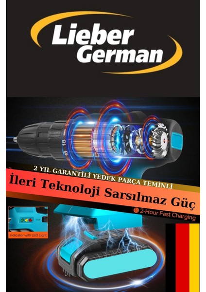 Tekno Trust Çift Akü Alman Hardx 256 Volt 20 Ah Çelik Şanzuman Bakır Sargılı 2 Akülü Vidalama Matkap Şarjlı Mat