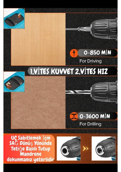 Tekno Trust Çift Akü Alman Hardx 256 Volt 20 Ah Çelik Şanzuman Bakır Sargılı 2 Akülü Vidalama Matkap Şarjlı Mat