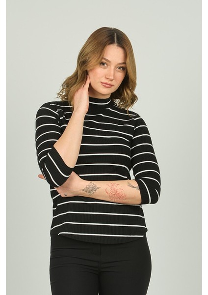 Kadın Çizgili Pamuklu Bluz 3655 Siyah