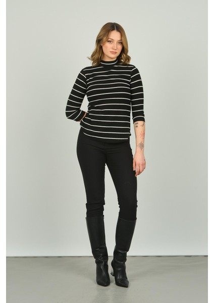 Kadın Çizgili Pamuklu Bluz 3655 Siyah modelleri