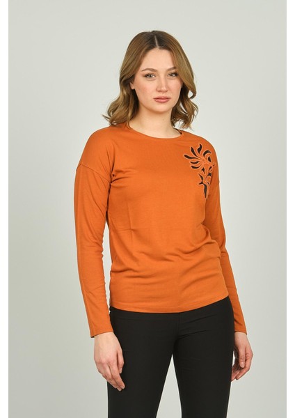 Kadın Desenli Bisiklet Yaka Uzun Kol Bluz 3629 Kiremit