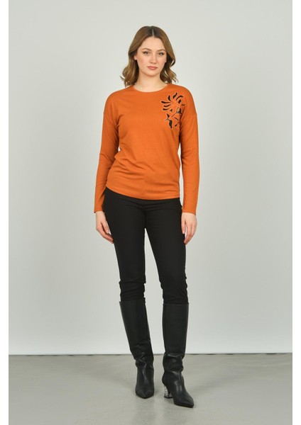 Kadın Desenli Bisiklet Yaka Uzun Kol Bluz 3629 Kiremit fiyatları