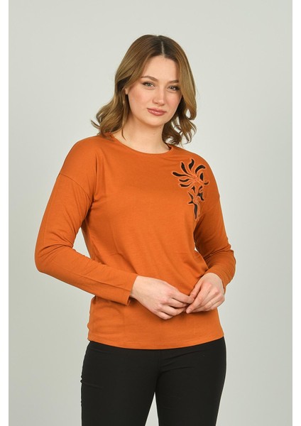 Kadın Desenli Bisiklet Yaka Uzun Kol Bluz 3629 Kiremit modelleri